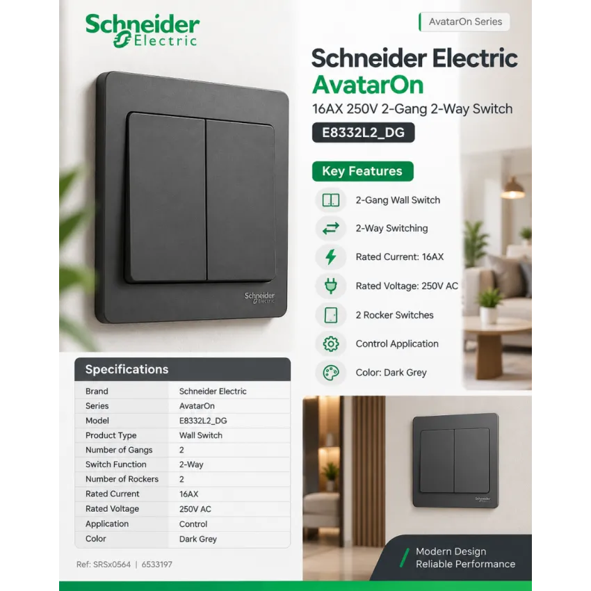 Schneider Electric AvatarOn 16AX 250V 2-Gang 2-Way Switch – Dark Grey