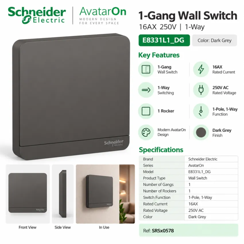 Schneider Electric AvatarOn 16AX 250V 1-Gang 1-Way Switch – Dark Grey