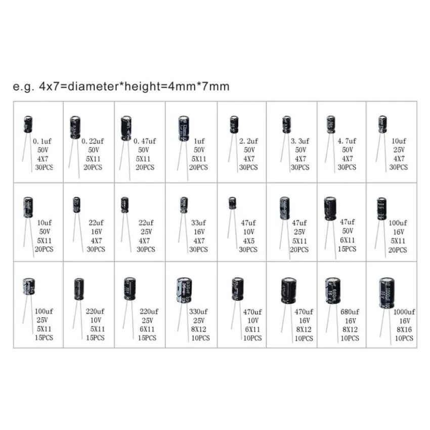 Pepisky 500pcs 24 Values Aluminum Electrolytic Capacitor Assorted Kit 10V/16V/25V/50V - 0.1uF to 1000uF with Plastic Storage Case