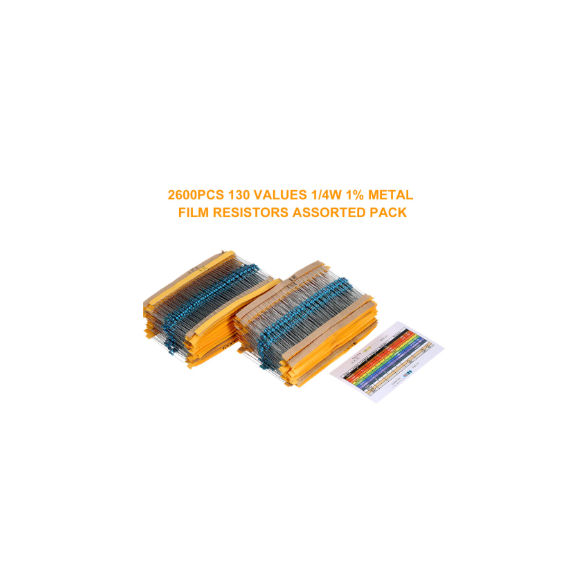 2600pcs Metal Film Resistor Kit 130 Values 1 Percent Tolerance 0.25W Axial Through-Hole Assorted Set