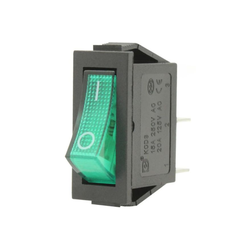 KCD 3 Green Illuminated Rocker Switch - Panel Mount, On/Off Control with LED Light