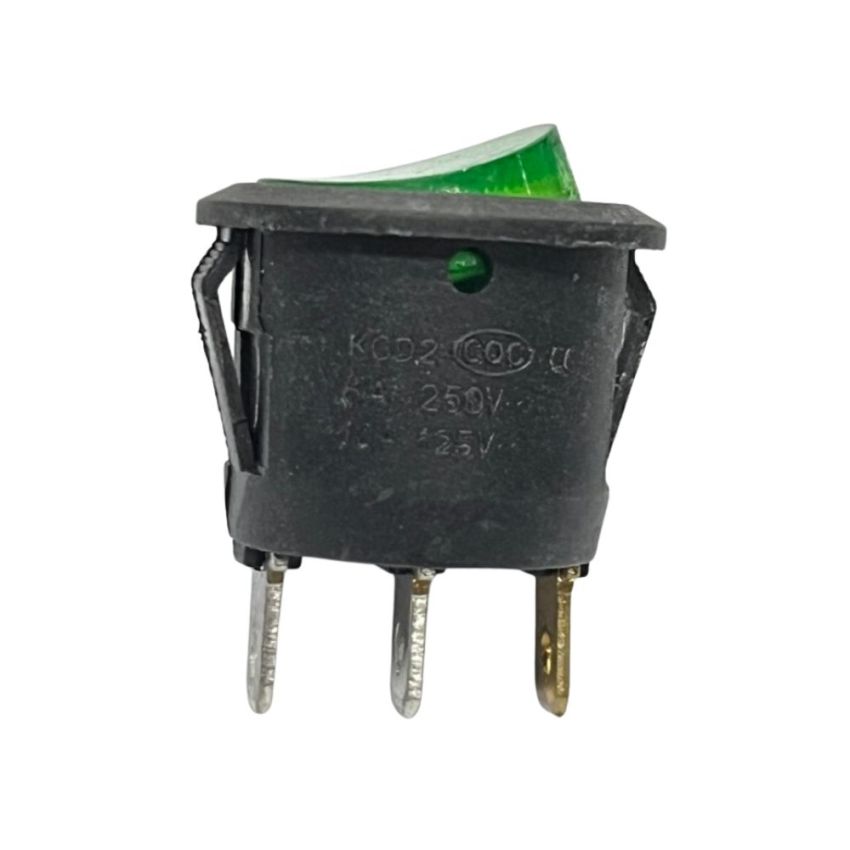 KCD2, Round Rocker Switch, ON-OFF, 6A 250V AC / 10A 125V AC, Green Illuminated, Panel Mount
