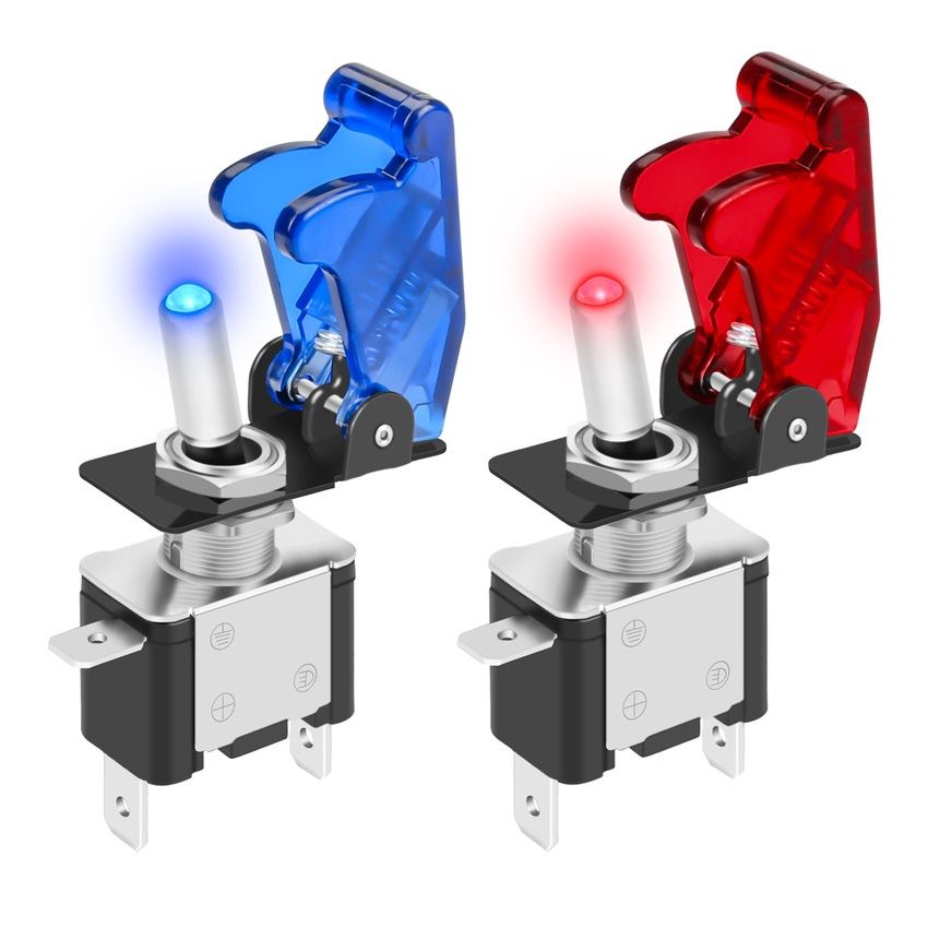 Illuminated SPST Toggle Switch with Safety Flip Cover (12 V, 20 A, LED) — available in red or blue cover versions