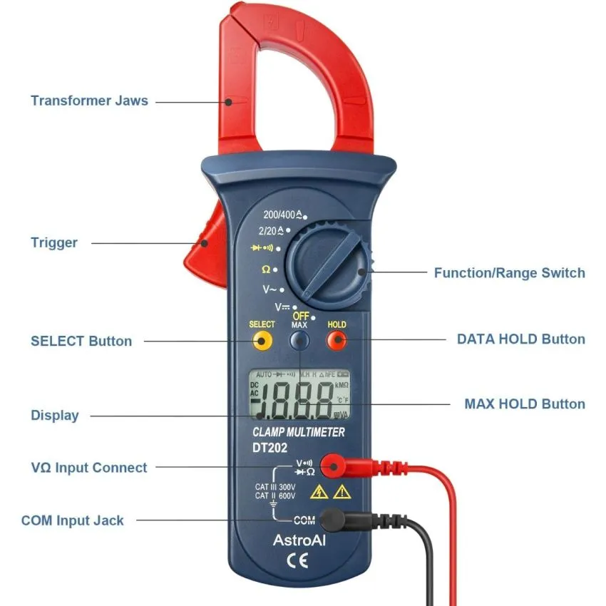 AstroAI DT202 True RMS Auto Ranging Digital Clamp Meter 2000 Counts 400A AC Current 600V AC DC Voltage