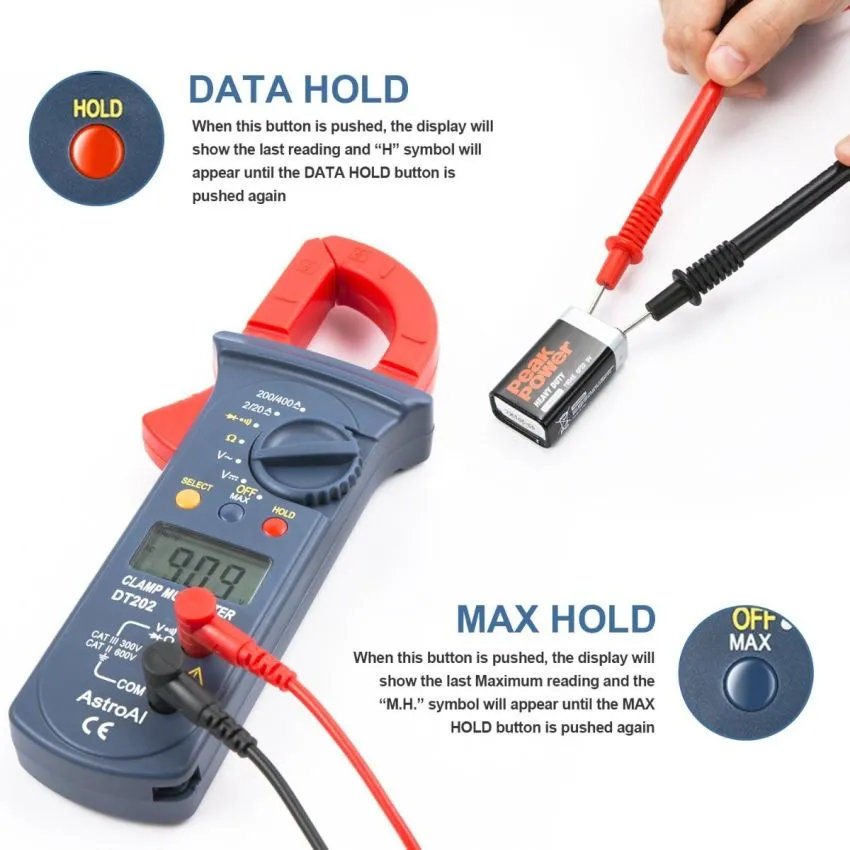 AstroAI DT202 True RMS Auto Ranging Digital Clamp Meter 2000 Counts 400A AC Current 600V AC DC Voltage