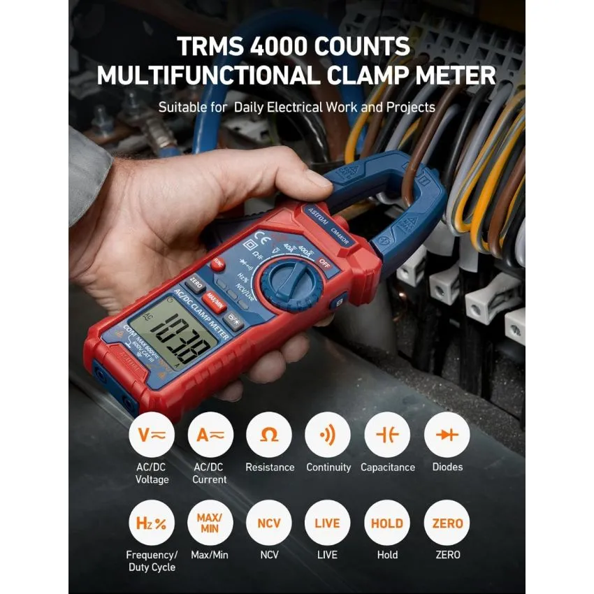AstroAI CM4K0R True RMS Digital Clamp Meter 4000 Counts AC DC Current Voltage Capacitance Frequency NCV Tester