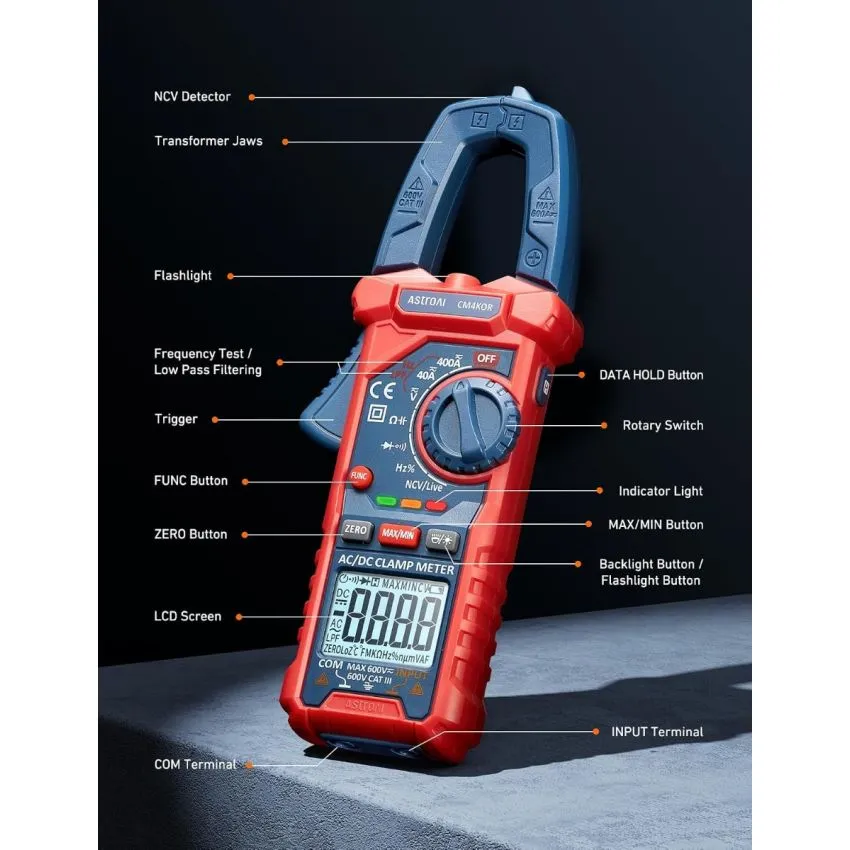 AstroAI CM4K0R True RMS Digital Clamp Meter 4000 Counts AC DC Current Voltage Capacitance Frequency NCV Tester