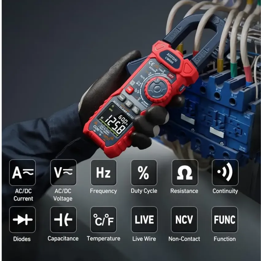 AstroAI CM6KRD True RMS Inrush Clamp Meter 6000 Counts 1000A AC DC Current 1000V Voltage Temperature Capacitance Frequency NCV Tester