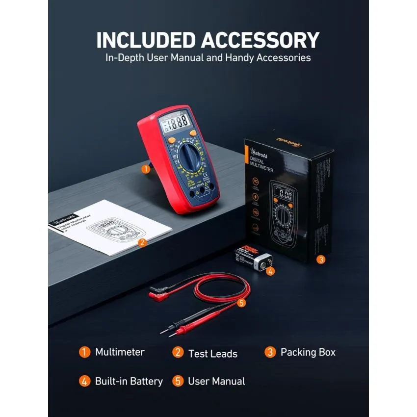 AstroAI AM33D Digital Multimeter 2000 Counts AC DC Voltage Current Resistance Diode Continuity Tester