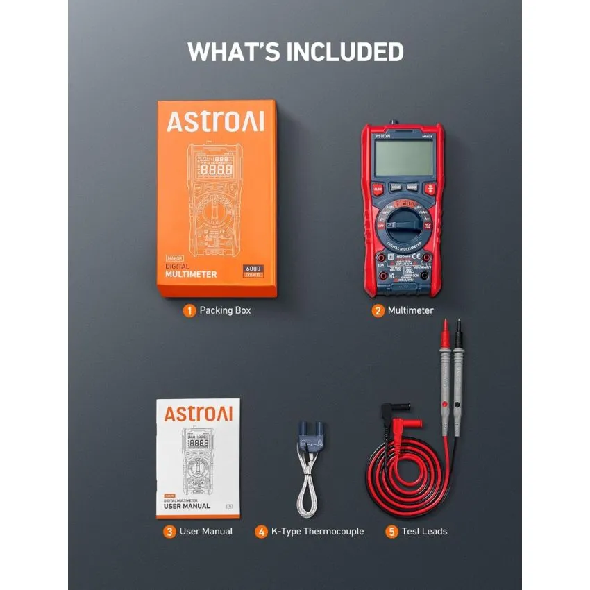AstroAI M6K0R True RMS Digital Multimeter 6000 Counts with NCV AC DC Voltage Current Capacitance Frequency Temperature Tester