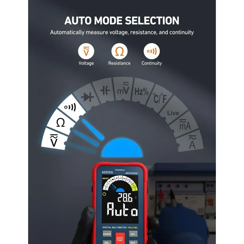 AstroAI MUS10KRD True RMS Digital Multimeter 10000 Counts Smart Auto Ranging AC DC Voltage Current Capacitance Frequency Temperature NCV Tester