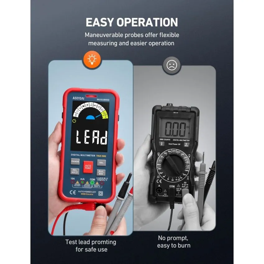 AstroAI MUS10KRD True RMS Digital Multimeter 10000 Counts Smart Auto Ranging AC DC Voltage Current Capacitance Frequency Temperature NCV Tester