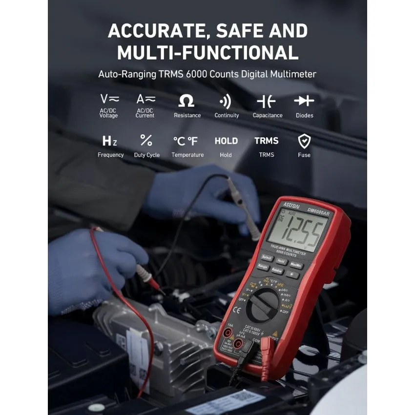 AstroAI DM6000AR True RMS Digital Multimeter 6000 Counts Auto Ranging AC DC Voltage Current Resistance Capacitance Frequency Temperature Tester