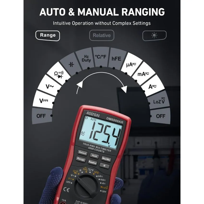 AstroAI DM6000AR True RMS Digital Multimeter 6000 Counts Auto Ranging AC DC Voltage Current Resistance Capacitance Frequency Temperature Tester