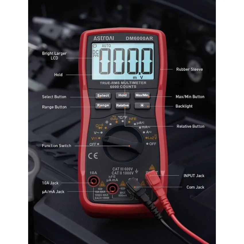 AstroAI DM6000AR True RMS Digital Multimeter 6000 Counts Auto Ranging AC DC Voltage Current Resistance Capacitance Frequency Temperature Tester