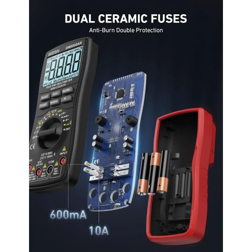 AstroAI DM6000AR True RMS Digital Multimeter 6000 Counts Auto Ranging AC DC Voltage Current Resistance Capacitance Frequency Temperature Tester