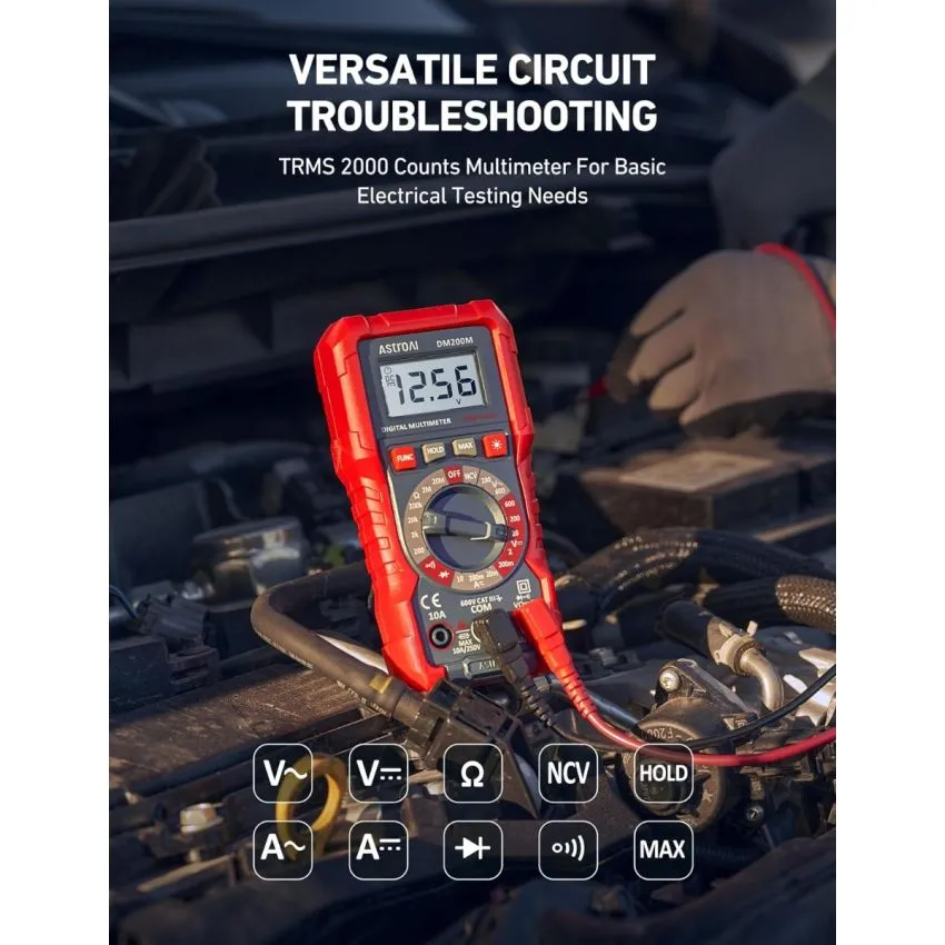 AstroAI DM200M True RMS Digital Multimeter 2000 Counts AC DC Voltage Current Resistance Continuity Diode NCV Tester