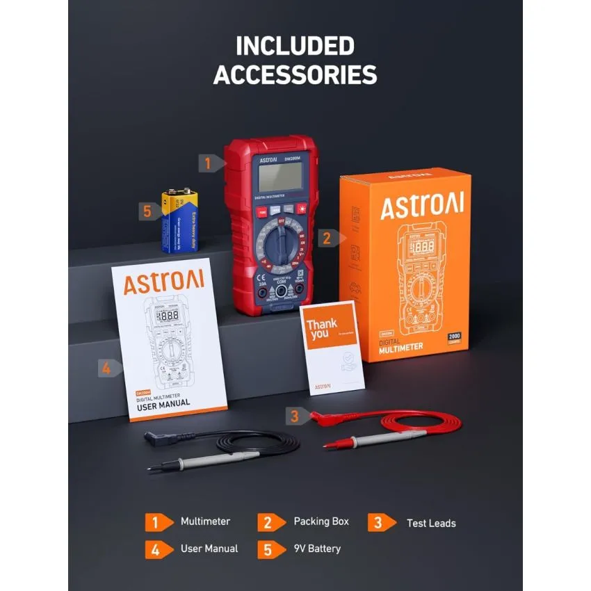 AstroAI DM200M True RMS Digital Multimeter 2000 Counts AC DC Voltage Current Resistance Continuity Diode NCV Tester