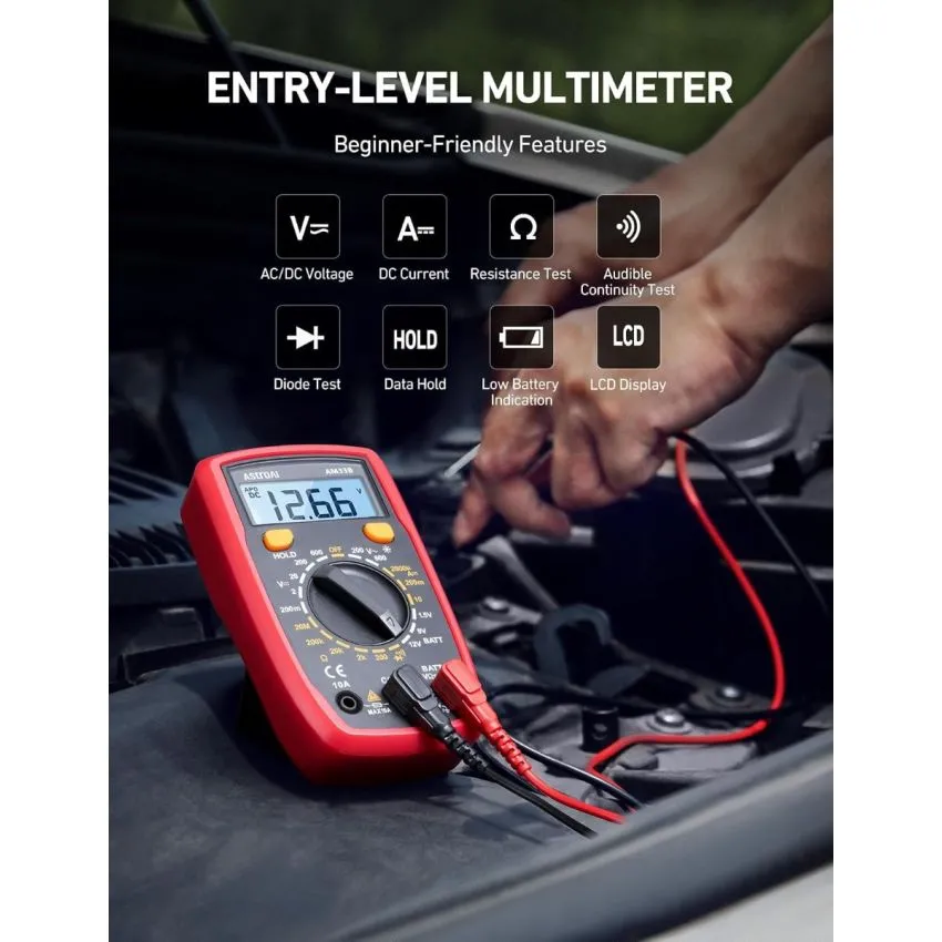 AstroAI AM33B Digital Multimeter 2000 Counts AC DC Voltage DC Current Resistance Continuity Diode Battery Tester