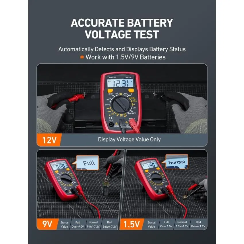 AstroAI AM33B Digital Multimeter 2000 Counts AC DC Voltage DC Current Resistance Continuity Diode Battery Tester