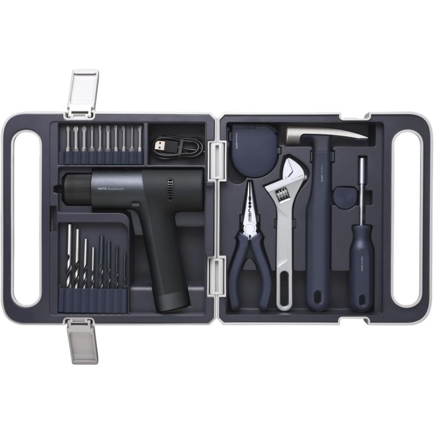  QWSGJ003, HOTO Cordless Brushless Drill Tool Set, 12V, 7-Piece Kit with LED Display