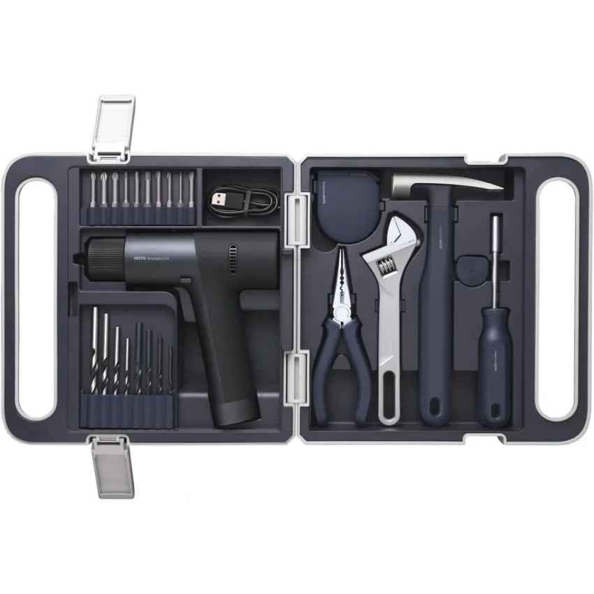  QWSGJ003, HOTO Cordless Brushless Drill Tool Set, 12V, 7-Piece Kit with LED Display