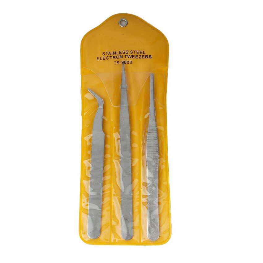 Sparetronic Tweezers Set TS‑9803, Stainless Steel, Anti-Static, Precision Tip – 3 PCS for Electronics, Soldering & Craft Work