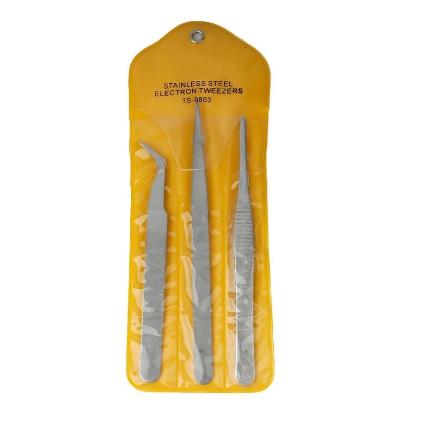 Sparetronic Tweezers Set TS‑9803, Stainless Steel, Anti-Static, Precision Tip – 3 PCS for Electronics, Soldering & Craft Work