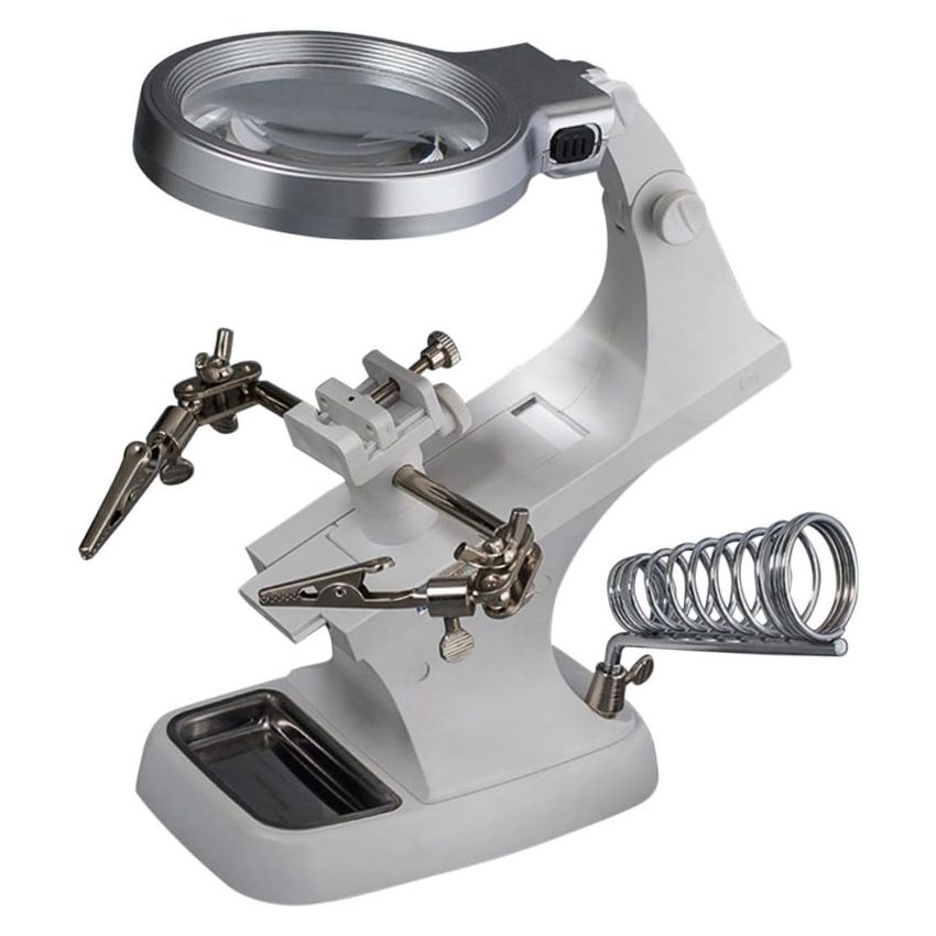 TH-7023, Helping Hand Magnifier with LED Light, USB Powered, Integrated Soldering Stand,White