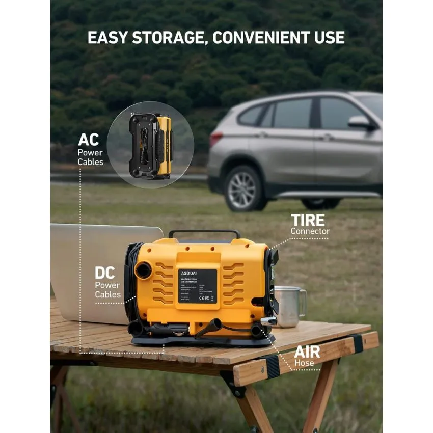 AstroAI Z1 Portable Tire Inflator 150 PSI Dual Motor Air Compressor 12V DC 110V AC with Digital Gauge Auto Shut Off and LED Light