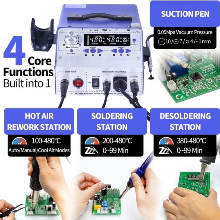 WEP 948-II,4 in 1 Soldering Station with Hot Air Rework Station, Desoldering Station, Soldering Iron, and Suction Pen