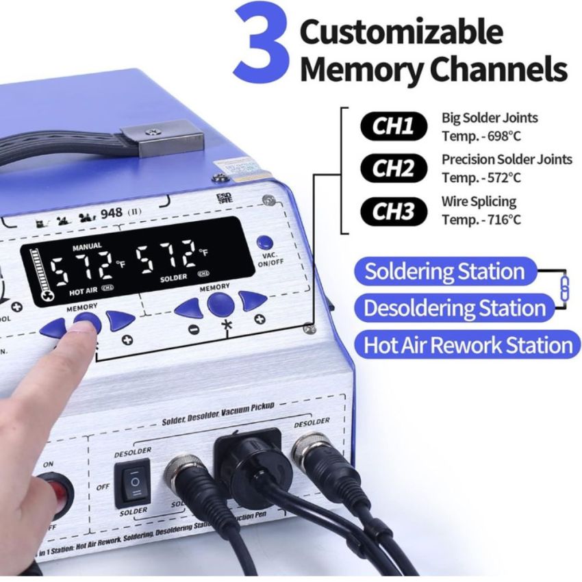 WEP 948-II,4 in 1 Soldering Station with Hot Air Rework Station, Desoldering Station, Soldering Iron, and Suction Pen