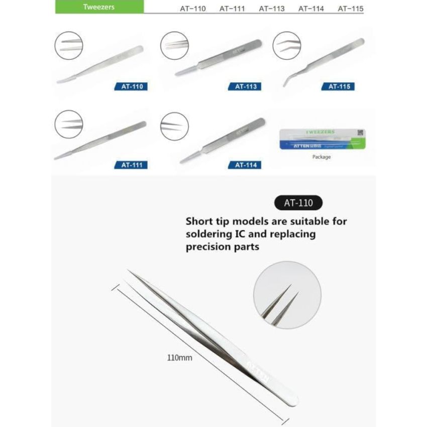 AT-110 Series, Stainless Steel Tweezers, Round Pointed Tips
