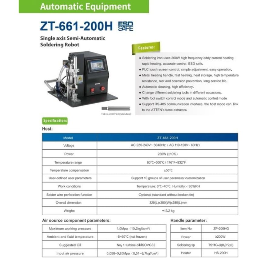 ZT-661-200H, Single Axis Semi-Automatic Soldering Robot, 250W, 80–500°C