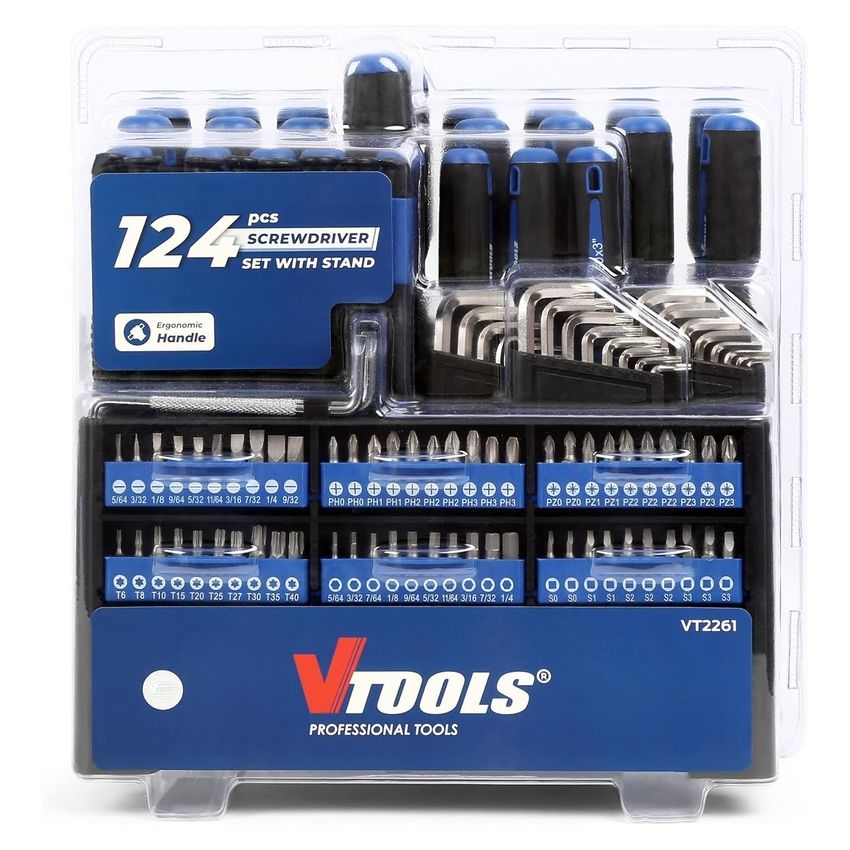 VT2261,124 Pcs Screwdriver Set with Stand, Ergonomic Handle, Multi-Bit Professional Toolkit