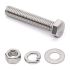 Bolt size 8mm hex head, Length 25 mm (stainless steel). With plain washer , lock washer, star washer, and (nut)