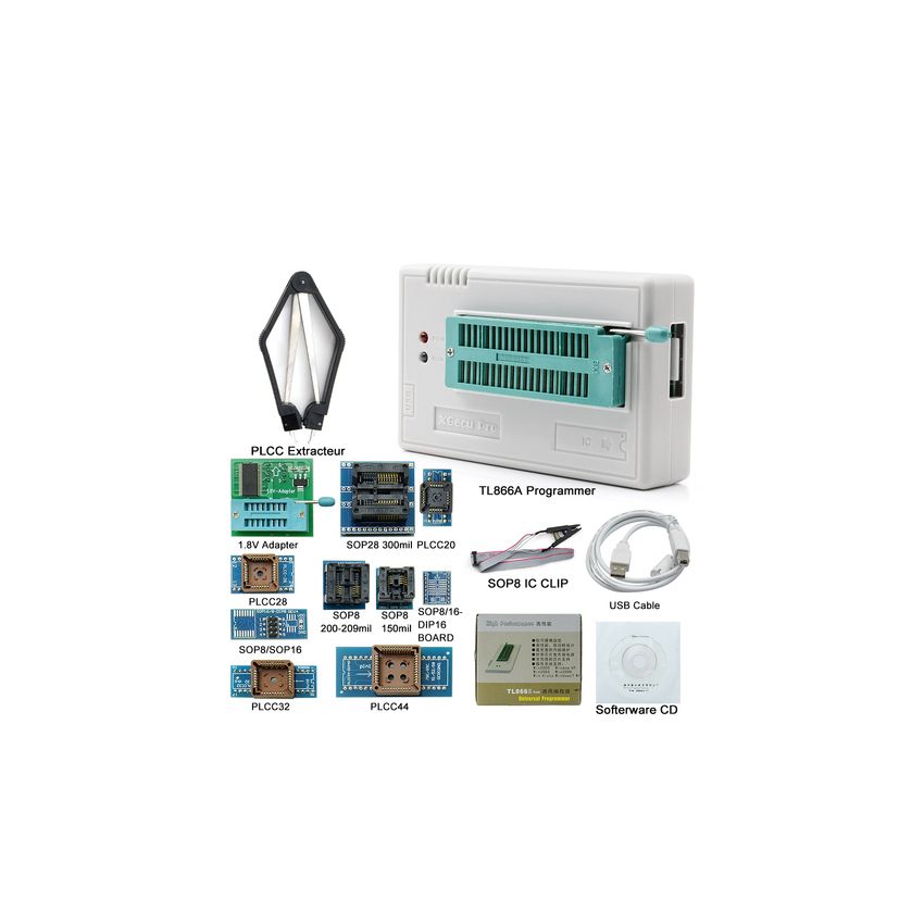 TL866II Plus Programmer Kit, Universal EEPROM/Flash MCU Programmer, Includes 12 Adapters, PLCC Extractor, USB Cable, SOP8 Clip & Software