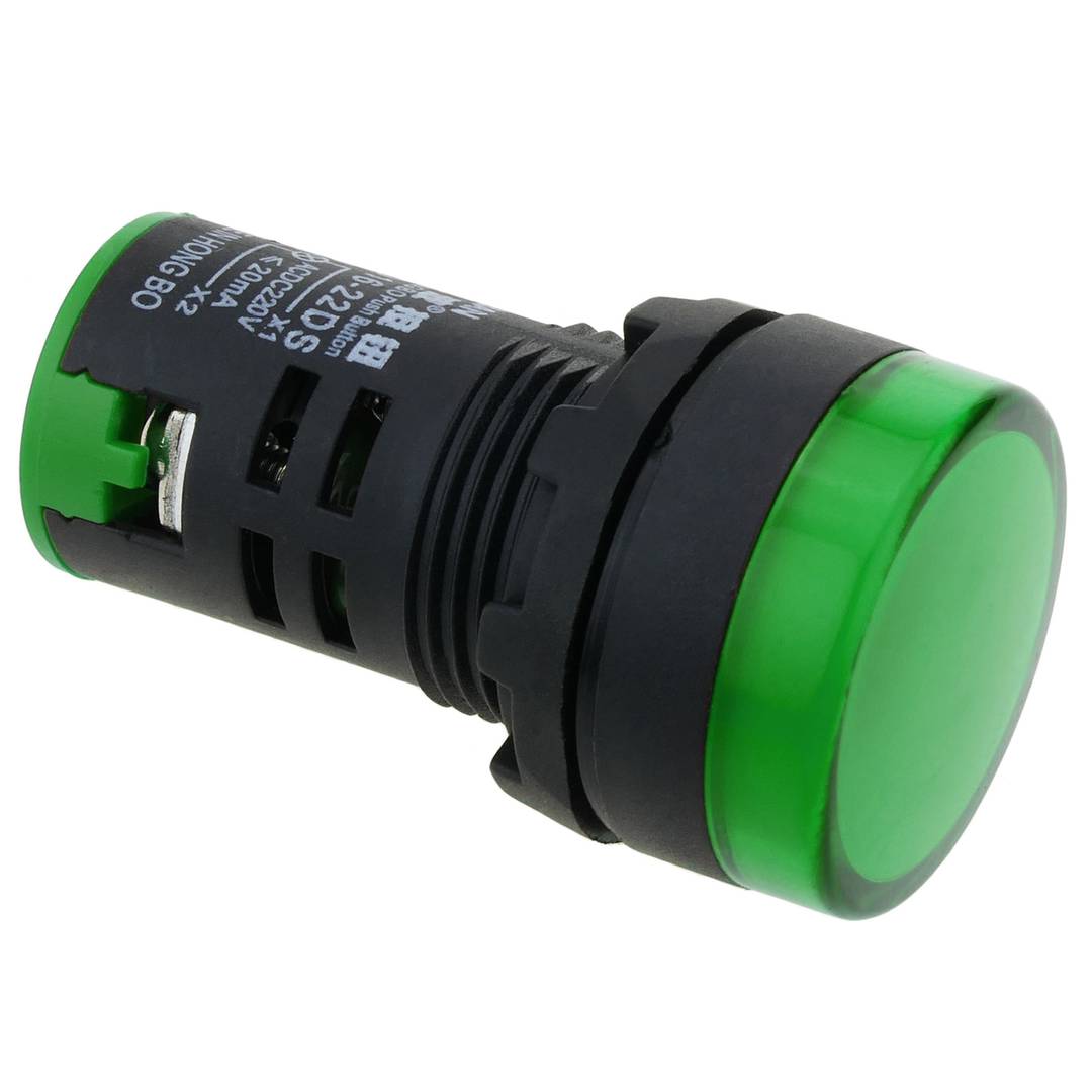 LED INDICATOR 22MM, GREEN LIGHT, 220V AC/DC, 20mA Current, Panel Mount Signal Lamp