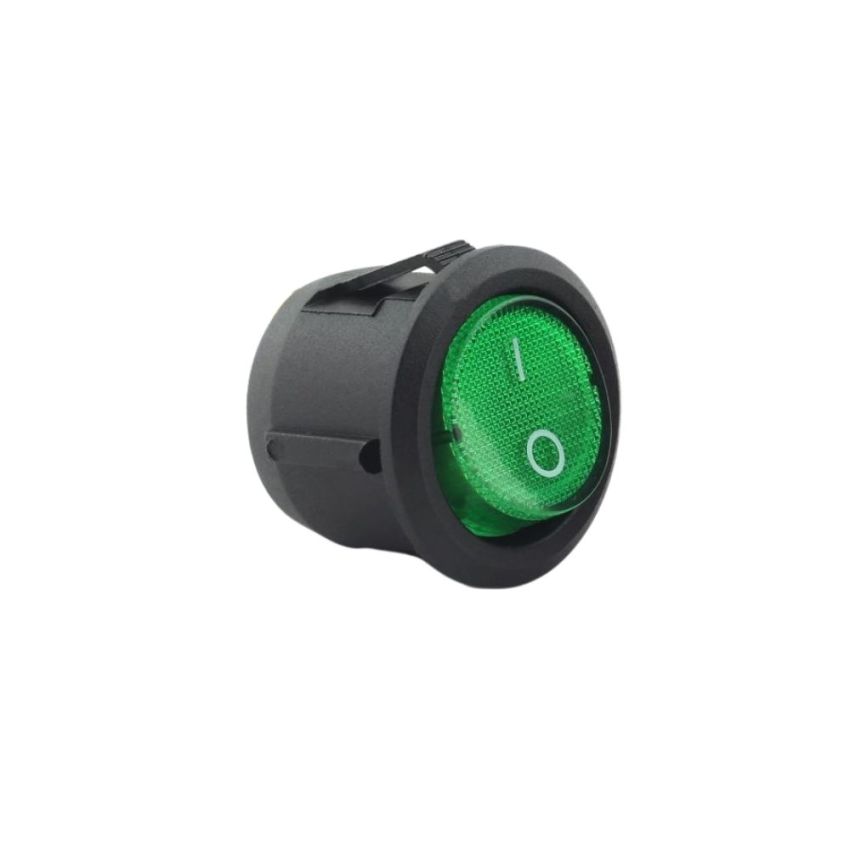 KCD2, Round Rocker Switch, ON-OFF, 6A 250V AC / 10A 125V AC, Green Illuminated, Panel Mount