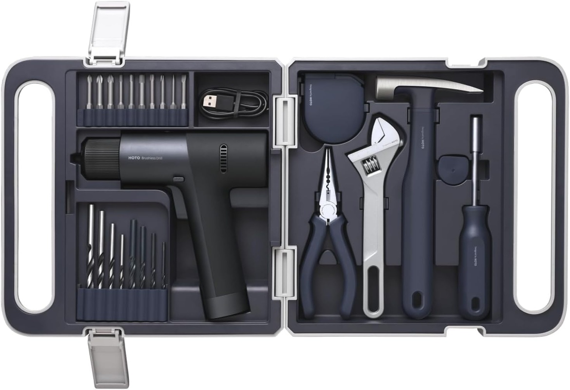 QWSGJ003, HOTO Cordless Brushless Drill Tool Set, 12V, 7-Piece Kit with LED Display