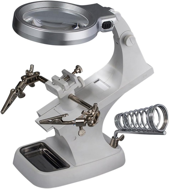 TH-7023, Helping Hand Magnifier with LED Light, USB Powered, Integrated Soldering Stand,White