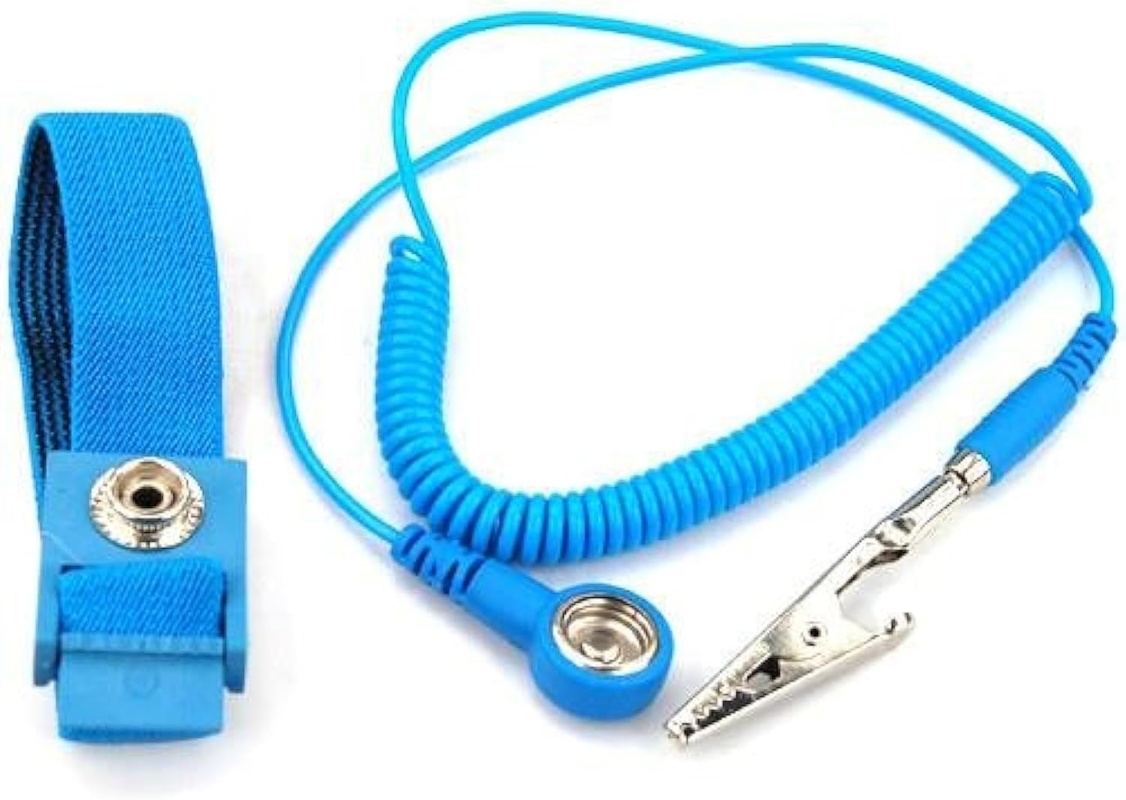 Anti-Static Wrist Strap, Adjustable, Blue, with Alligator Clip and Coiled Cord