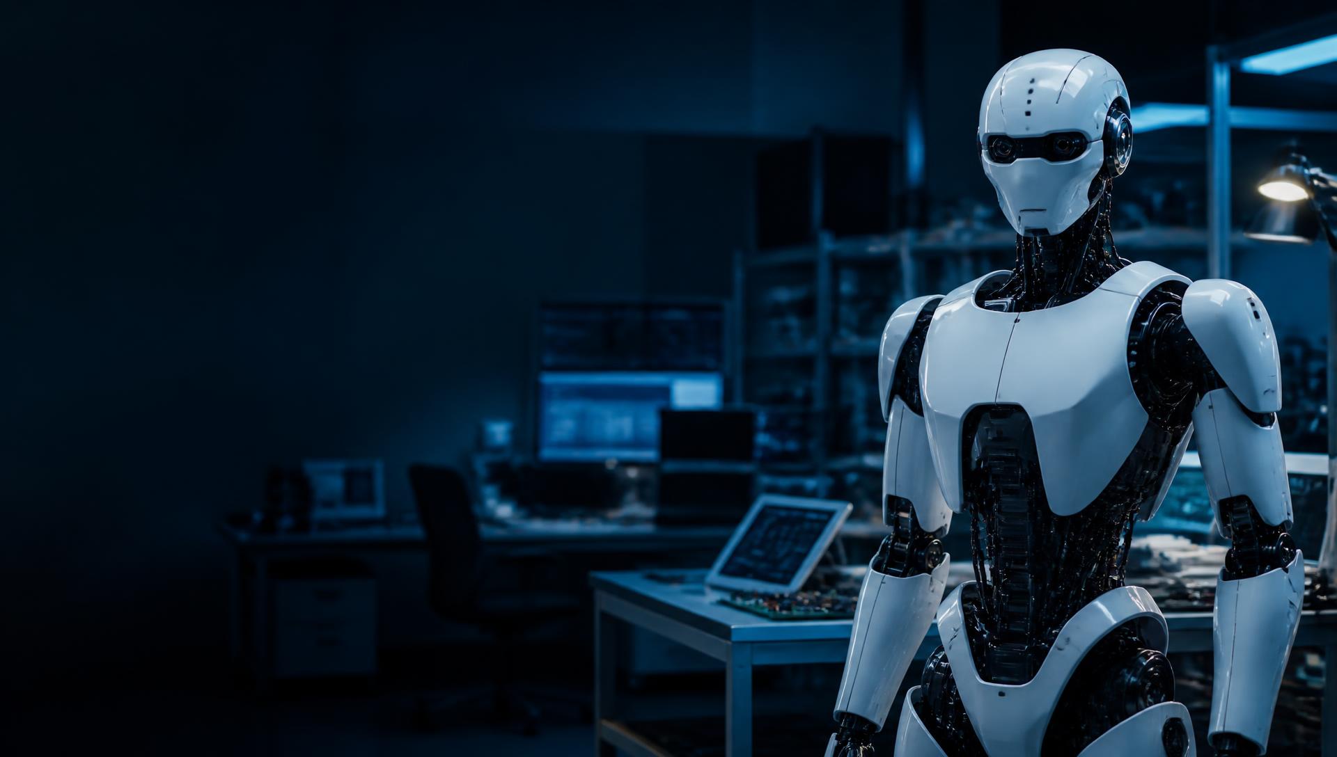 Humanoid robot in a Besomi engineering laboratory