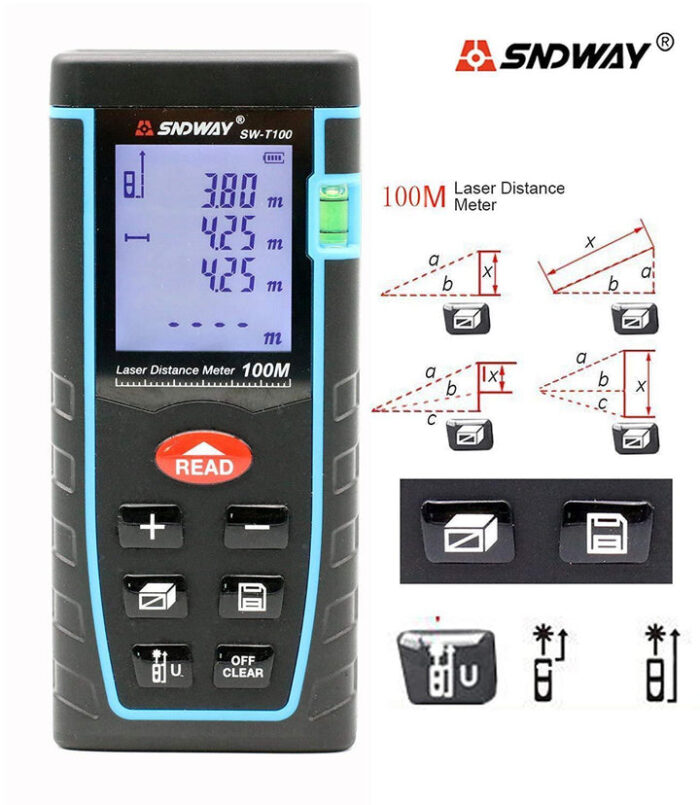 SNDWAY Digital Laser Rangefinder 100M Distance Meter Tape Measure Area Volume